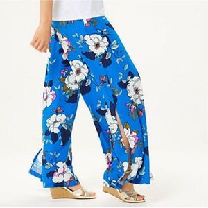 G.I.L.I. Jetsetter Side Slit Blue Floral Wide Leg Pull On Pants Size Medium